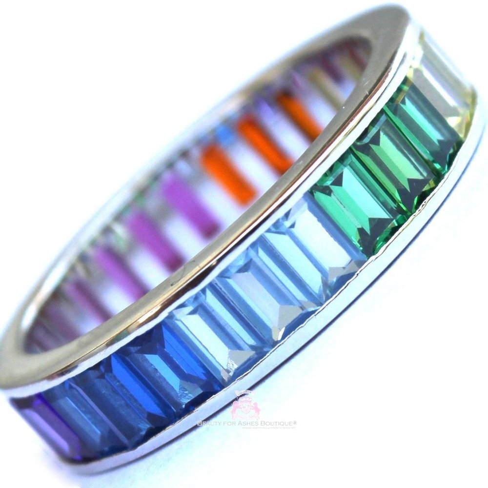 925 Sterling Silver Gods Promise Rainbow Multi Color Cz Eternity 4mm Band Ring